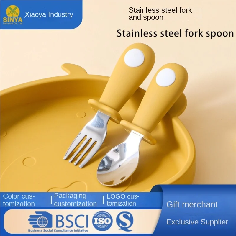 

LazyChild Baby Self Feeding Tableware Set Infant 316 Stainless Steel Fork Spoon Kids Silicone Short Handle Fork Spoon