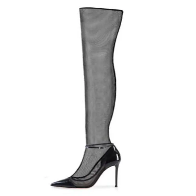 Sexy Frauen Schwarz Glänzendes Patent Leder Air Mesh Spitze Patchwork Dünne Dünne Heels Über Das Knie Stiefel Spitz Lange Botas Schuhe