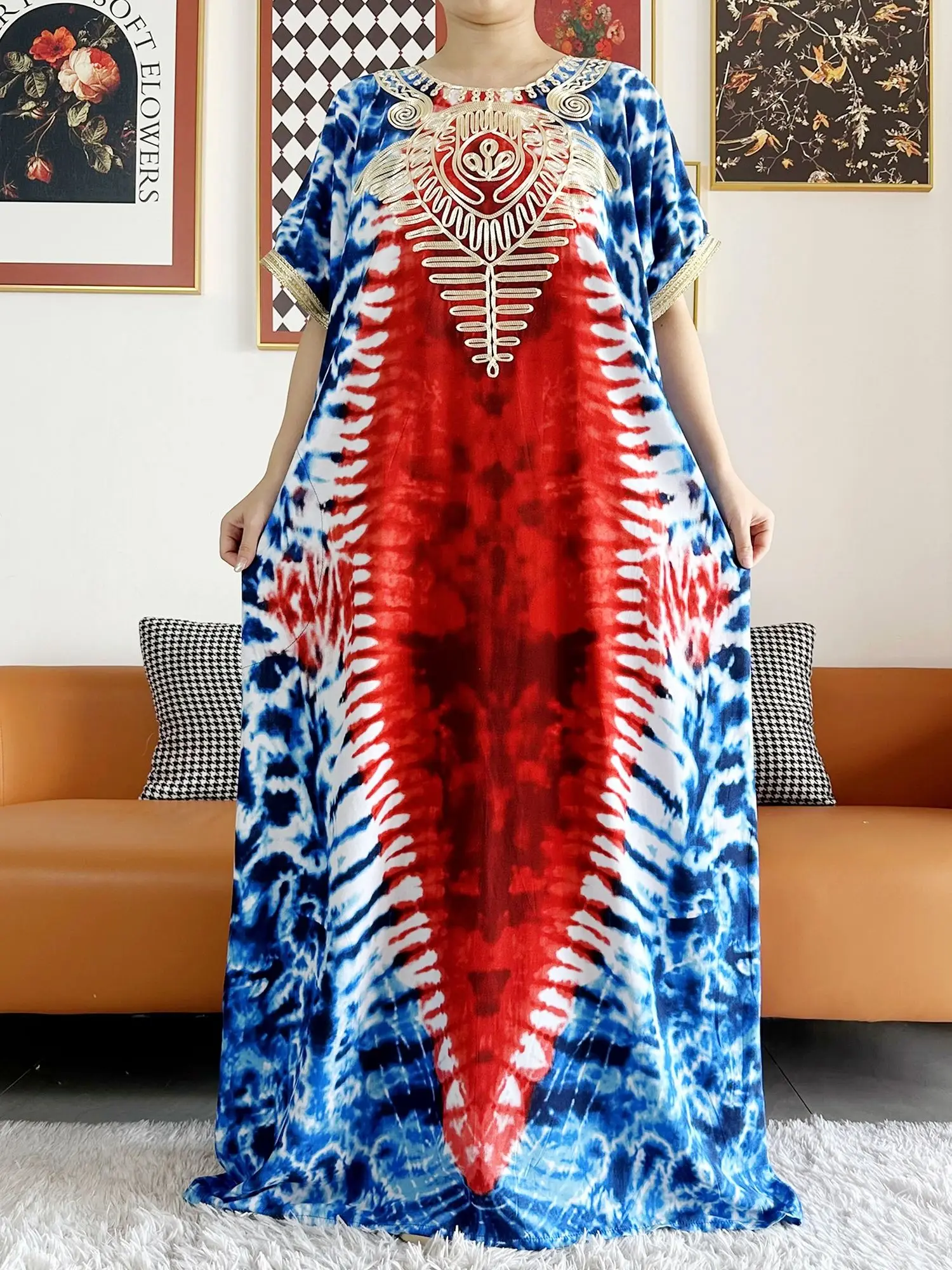 2024 ใหม่แอฟริกันผู้หญิง Dashiki ผ้าฝ้าย 100% ชุดดอกไม้พิมพ์ Tie-DRY แขนสั้น Maxi หลวมแอฟริกัน Elegant ชุด