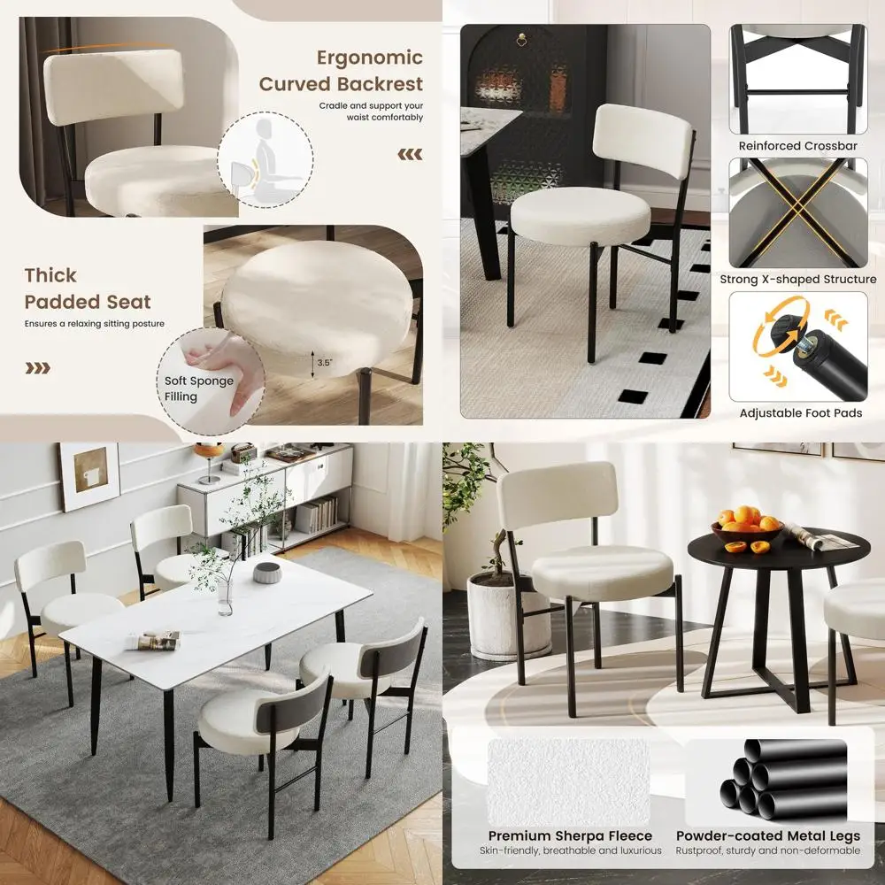 

Boucle Dining Chairs Set o 2, Sherpa Upholstered Kitchen Chairs w/Curved Backrest, Padded Seat & Metal Legs, ern Accent ArmlSide