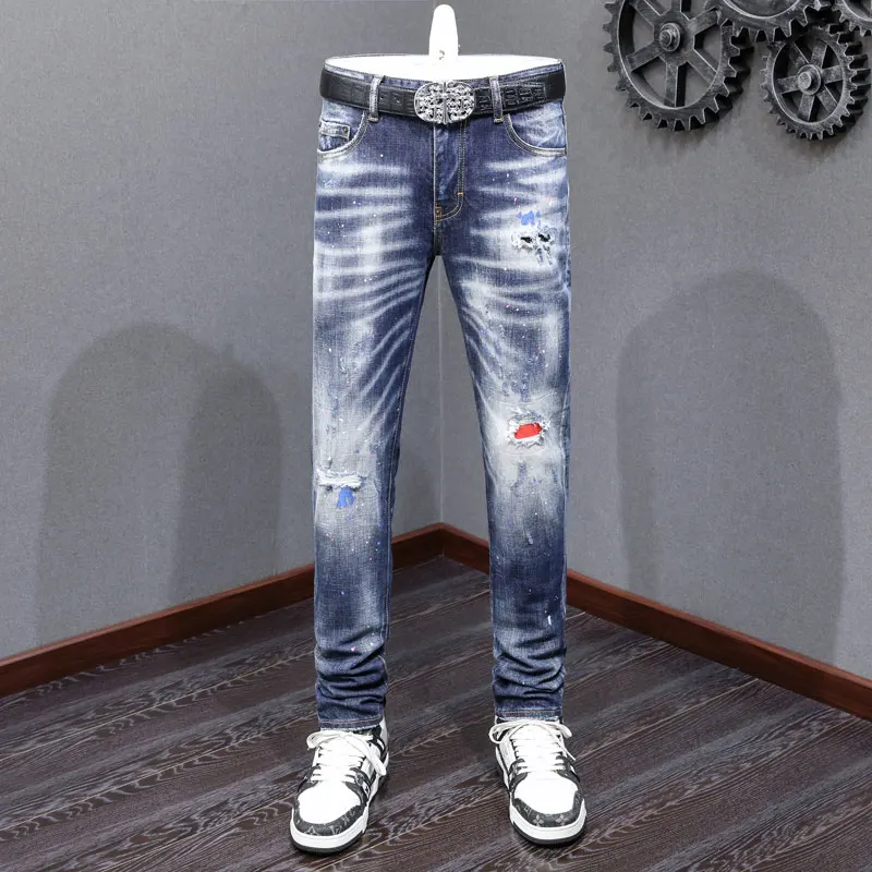 

High Street Fashion Men Jeans Retro Blue Stretch Skinny Fit Painted Ripped Jeans Men Patched Designer Hip Hop Brand Pants Hombre