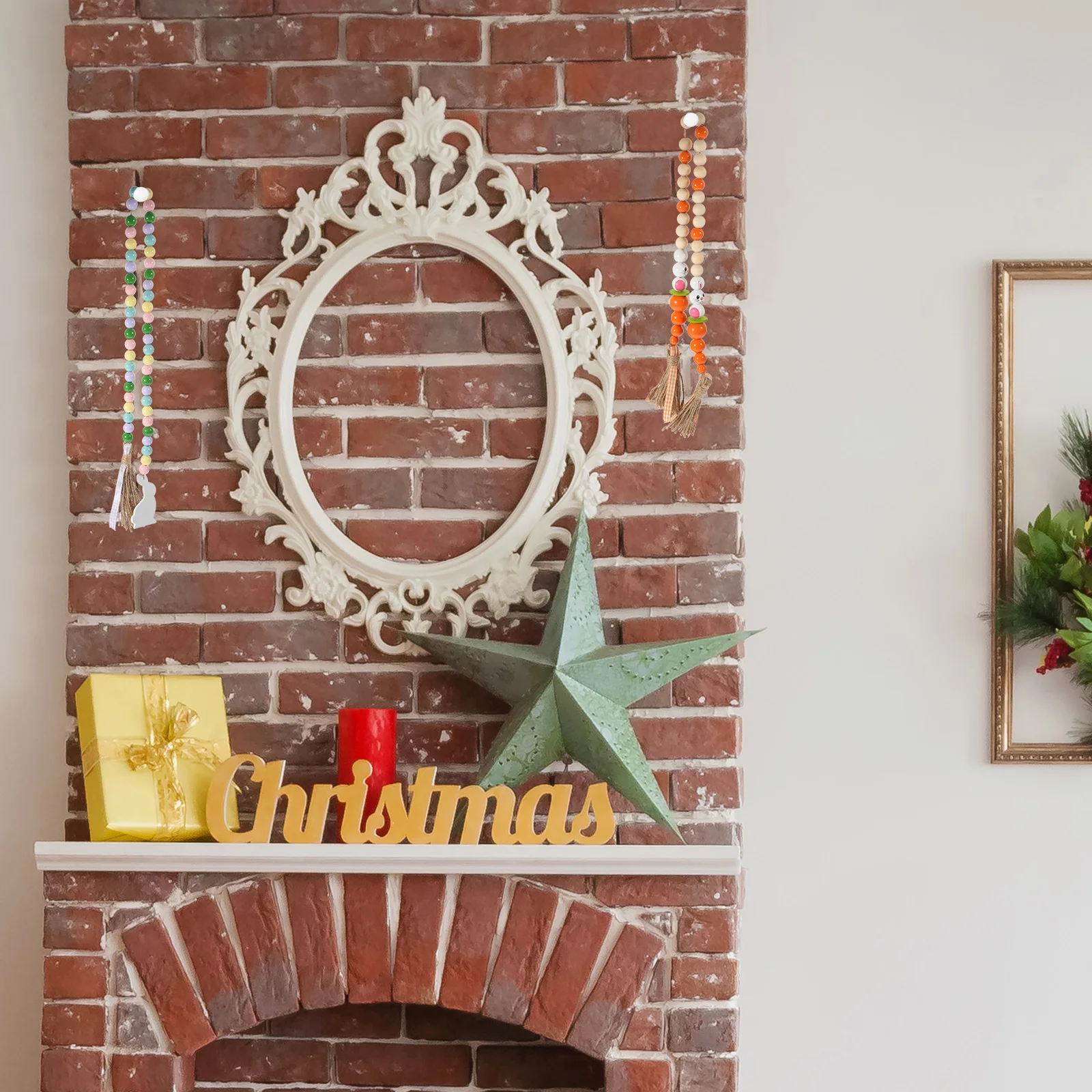 

2pcs Easter Wood Bead Decorative Beaded Garland With Tassel Farmhouse Style Hanging Ornament For Home Wall Shelf Window Decor