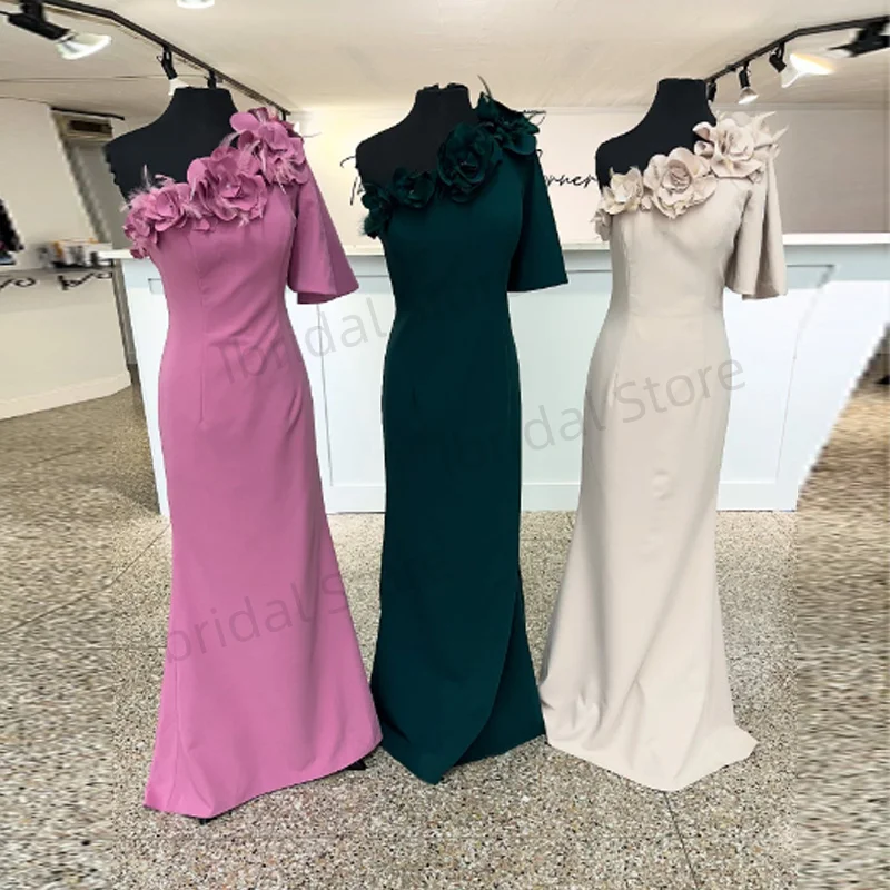 Customized Saudi ArabiaOne Shoulder Mother of The Bride Dress 3D-Flowers Sweep Train Short Sleeve  Straight AsymmetricalBespoke