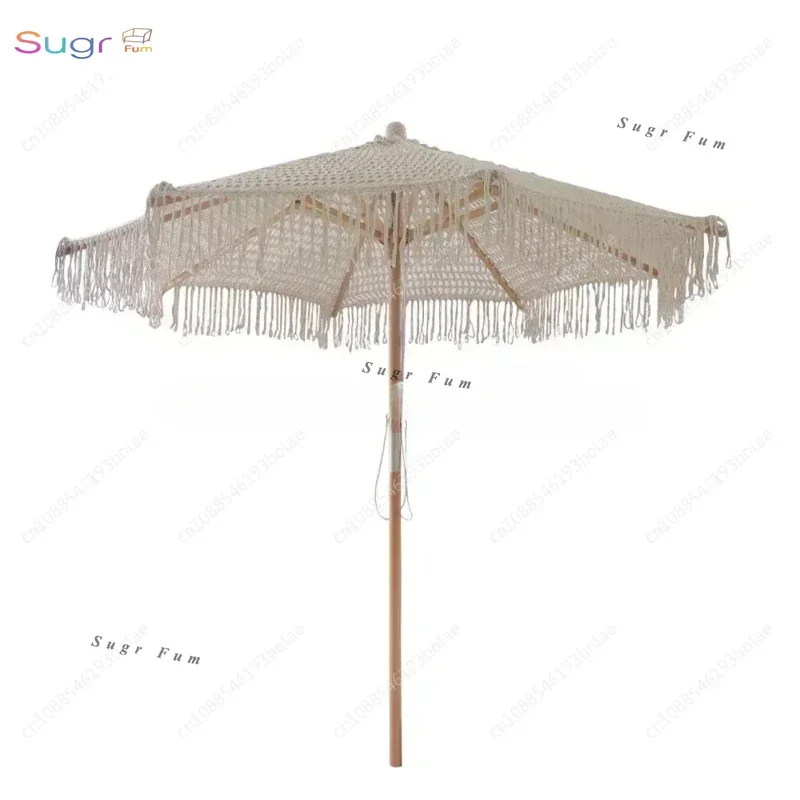 

Cotton Rope Parasols 2.5M Wooden Pole Handmade Tassels Woven Canopy Beach Umbrella With Macrame Fringe