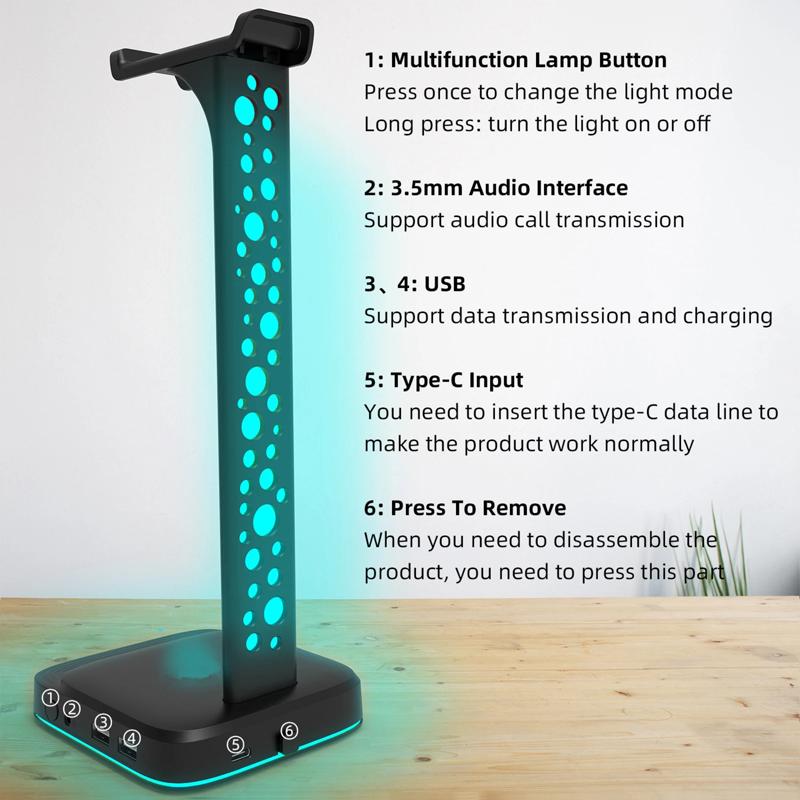 حامل سماعة رأس للألعاب RGB مع واجهة USB مزدوجة ، حامل سطح المكتب ، دعم عالمي ، ملحقات سماعات الرأس
