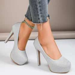 2024 Hot New Fashion High Platform Women's Wedding Shoes Solid Color Sequin Cloth Round Toe Elegant High Heels Women's Size