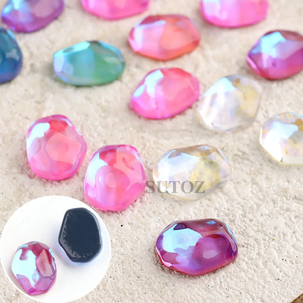 LEBBAI-abalorios para uñas, 10 piezas, corazón Aurora, pedrería plana, piedra de cristal iridiscente, joyería transparente, decoraciones para manicura