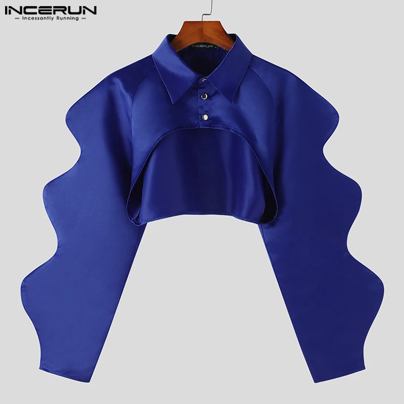 INCERUN Men Irregular Shirt Lapel Long Sleeve Streetwear Solid Color Button Male Crop Tops Loose 2024 Fashion Sexy Camisas S-5XL