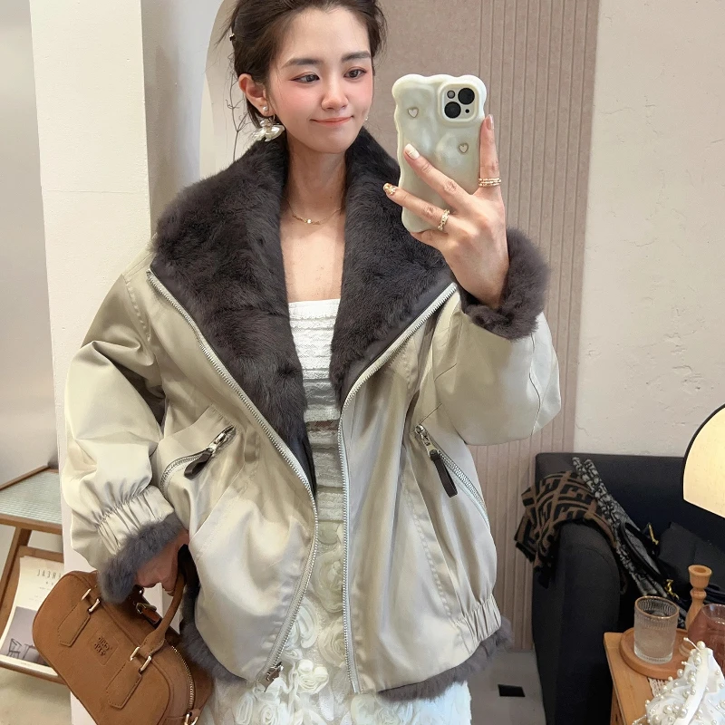 2025 New Winter Jacket Women Parka Fashion Coat Thick Warm Natrual Real Rabbit Fur Liner Wear On Both Sides Female Fur Jackets
