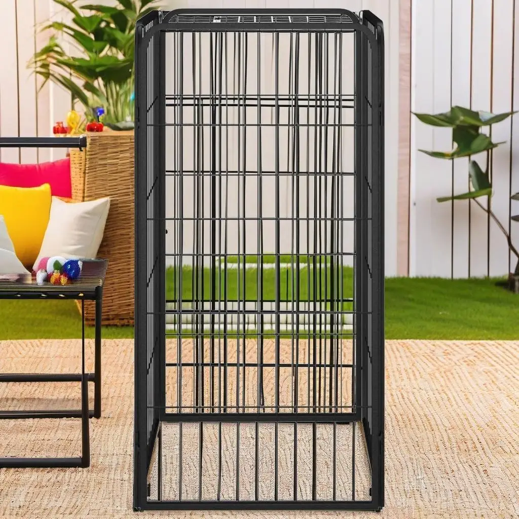 4-Panel Black Dog Playpen - 19.7x39.4 Inches, Durable Powder-Coated Steel Pet Enclosure