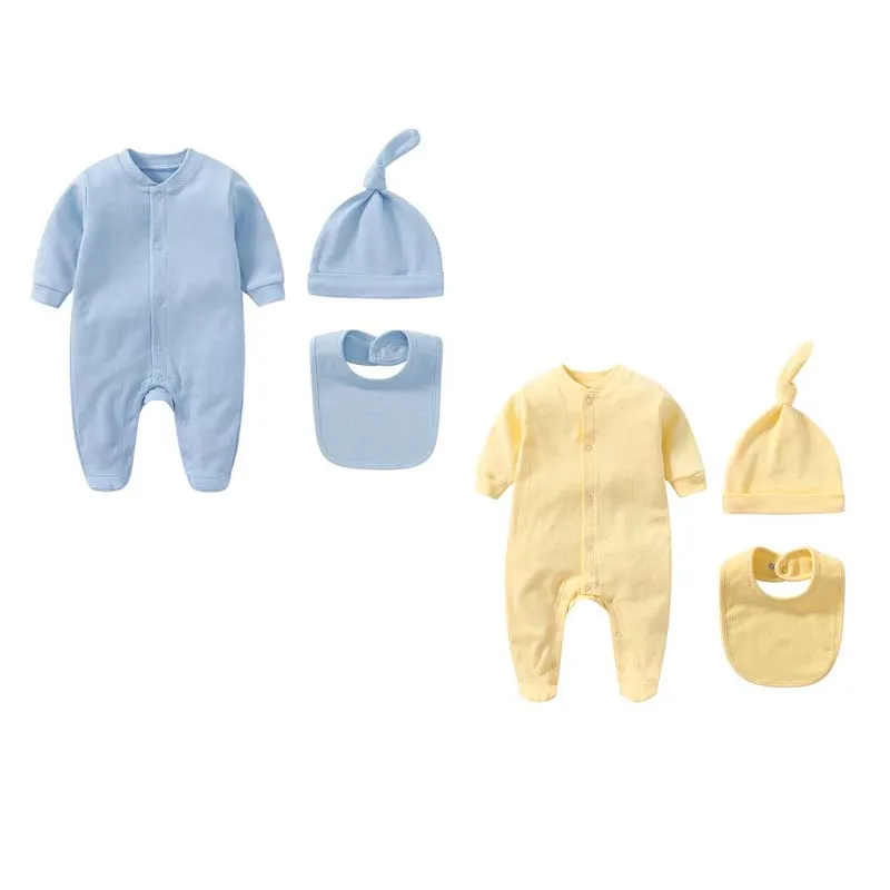 0-12 Months Newborn Baby Clothes Boy Girl Sets Cotton Jumpsuits Solid Color Footed Rompers Hat Bib 3Pcs Sets Toddler Outfits