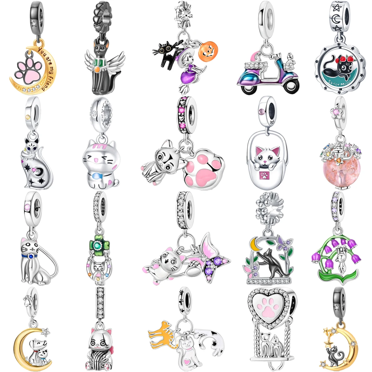 

Original 925 Charms Sterling Silver Cat Moon Paw Print Suzuran Pendant for Pandora DIY Bracelet Ladies Jewelry Gift