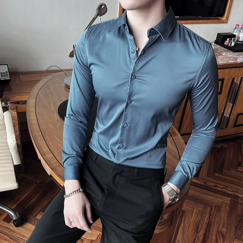 

2025 однотонные рубашки с длинным рукавом, мужские универсальные деловые формальные белые рубашки, без железа, повседневная офисная форма, рубашка, мужская одежда
