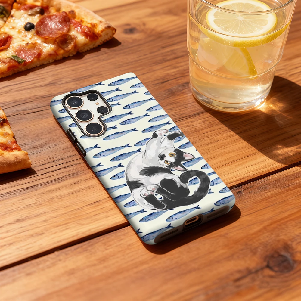 Funda de teléfono divertida con diseño de gato y pez para Samsung Galaxy S25 Ultra S24 S23 Ultra Plus, funda trasera de doble capa a prueba de golpes