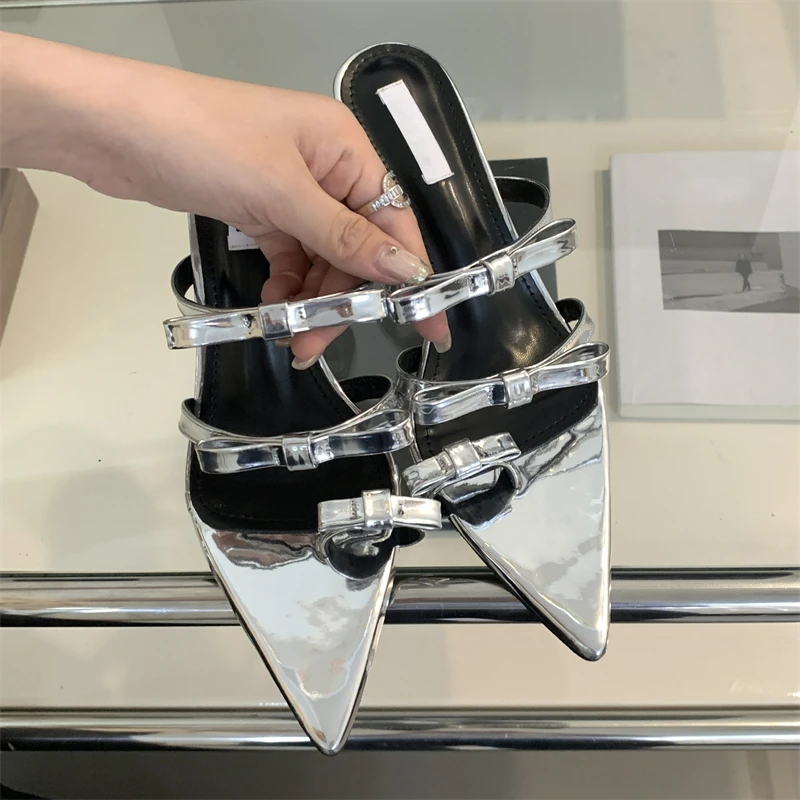 

Eilyken 2026 Summer Narrow Band Butterfly-knot Women Slippers Designer Pointed Clip Toe Thin High Heels Slide Shoes