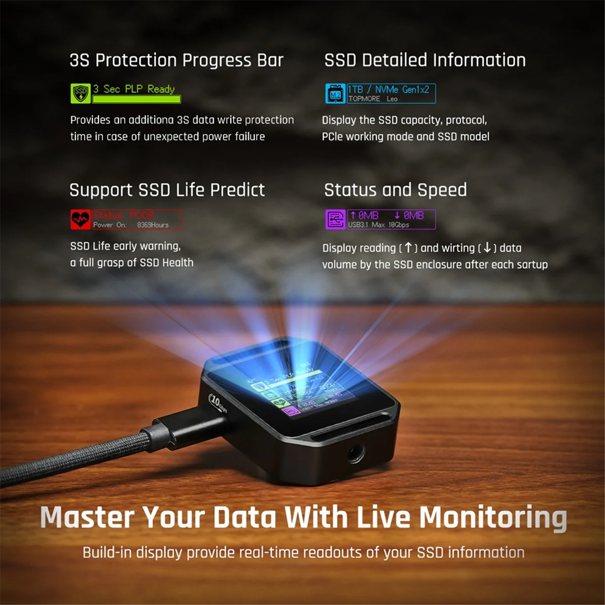 BVBV Pocket 2230 M.2 NVMe SSD Gabinete com furos para parafusos de 1/4 polegadas Display LCD USB Tipo-C 3.2 Gen2 10 Gbps Fotografia Edição A