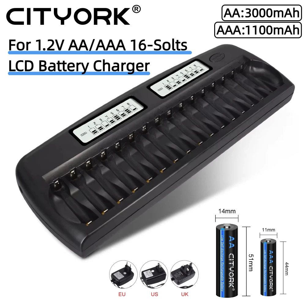 

CITYORK 16-слотовое умное быстрое зарядное устройство с ЖК-дисплеем для 1,2 В AA AAA NI-MH аккумуляторной батареи с AA 3000 мАч AAA 1100 мАч
