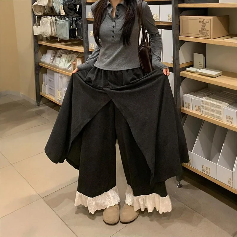 

MEXZT S-3XL кружевные широкие брюки женские модные лоскутные мешковатые юбки брюки зимняя уличная одежда корейские повседневные прямые брюки новые