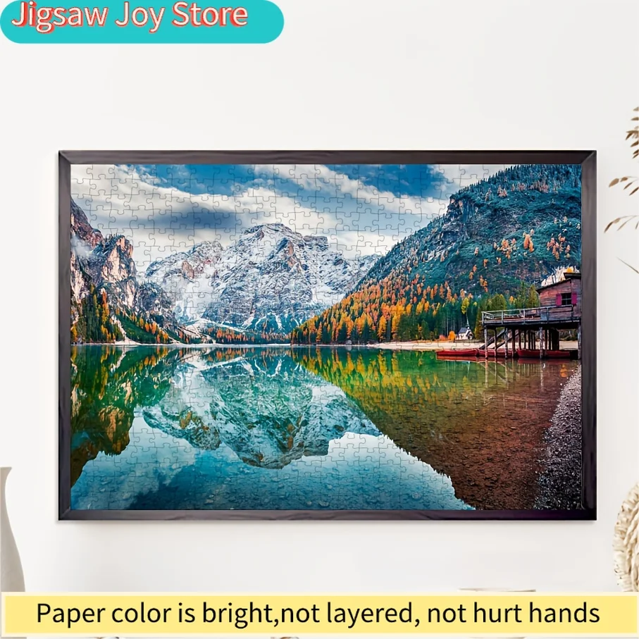 จิ๊กซอว์พัซเซิล - ทิวทัศน์อันงดงามของทะเลสาบเบรสต์ พร้อมภูเขาที่ปกคลุมด้วยหิมะและใบไม้ร่วง ขนาด 27x20 นิ้ว เหมาะสำหรับตกแต่งบ้าน