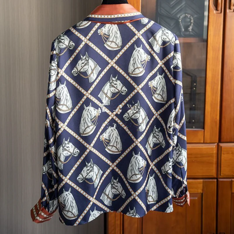 Autumn New Heavy Lapel Button Fashion Printed Ribbon Long Sleeve Design Shirt