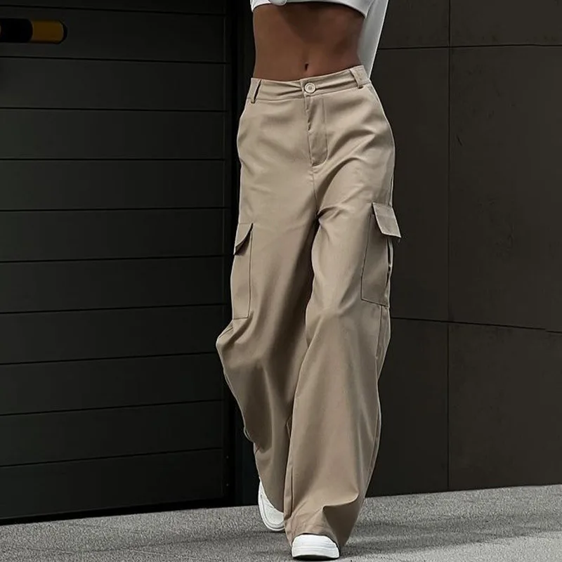 Y2K Women Vintage Cargo Pants Streetwear Casual Harajuku Parachute Pants Beige Sweatpants Baggy Wide Leg Joggers Trousers 2024
