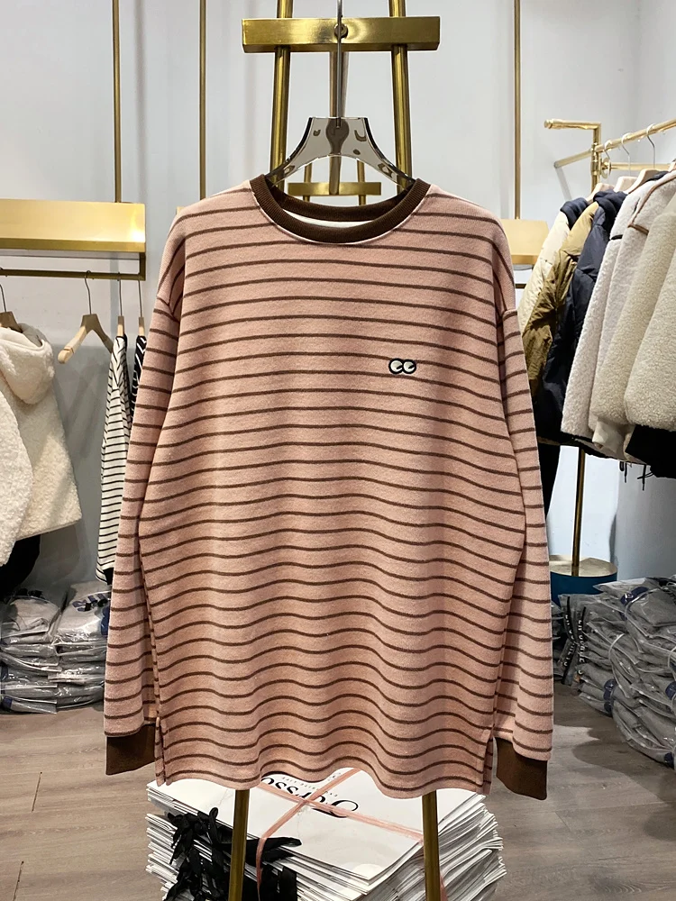 Shot】sanding striped 【Live long sleeve women t shirt all-match o-neck basic top mid-long pullovers casual tees