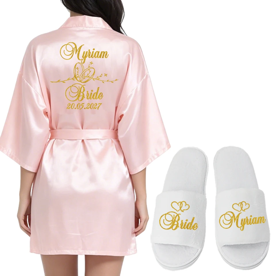 Aangepaste logo bruiloft datum naam badjas kunstzijde bruids gewaad bruid bruidsmeisje bruiloft gewaden vrouw Bachelorette Preparewear