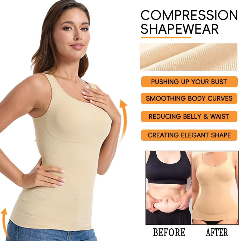 Slimbelle Women Padded Shapewear Tank Top Tummy Control Body Shaper Vest Sexy Square Neck Compression Underwear Soft Faja