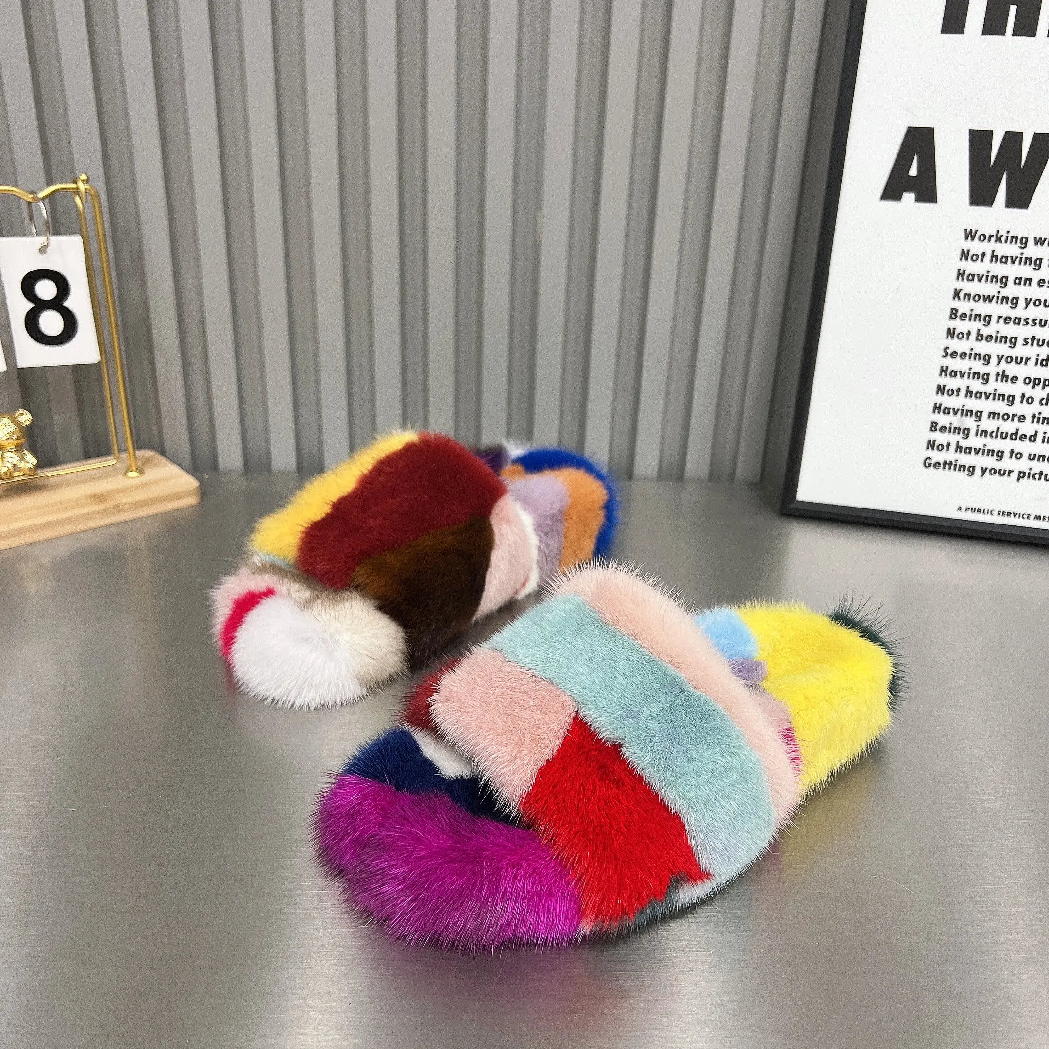 QIXHFUR With Irregular Random Mink Fur Slippers Stitching Women Adult Summer Pvc Flat With House Slippers For Woman Shoe