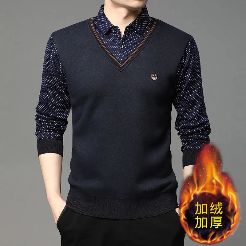 Herren-Langarmshirts mit Fleecefutter, Fake-Two-in-One-Strickhemden, gepunkteter Hemdkragen, V-Ausschnitt, entspannte Passform, warme Oberteile. – Detail 7