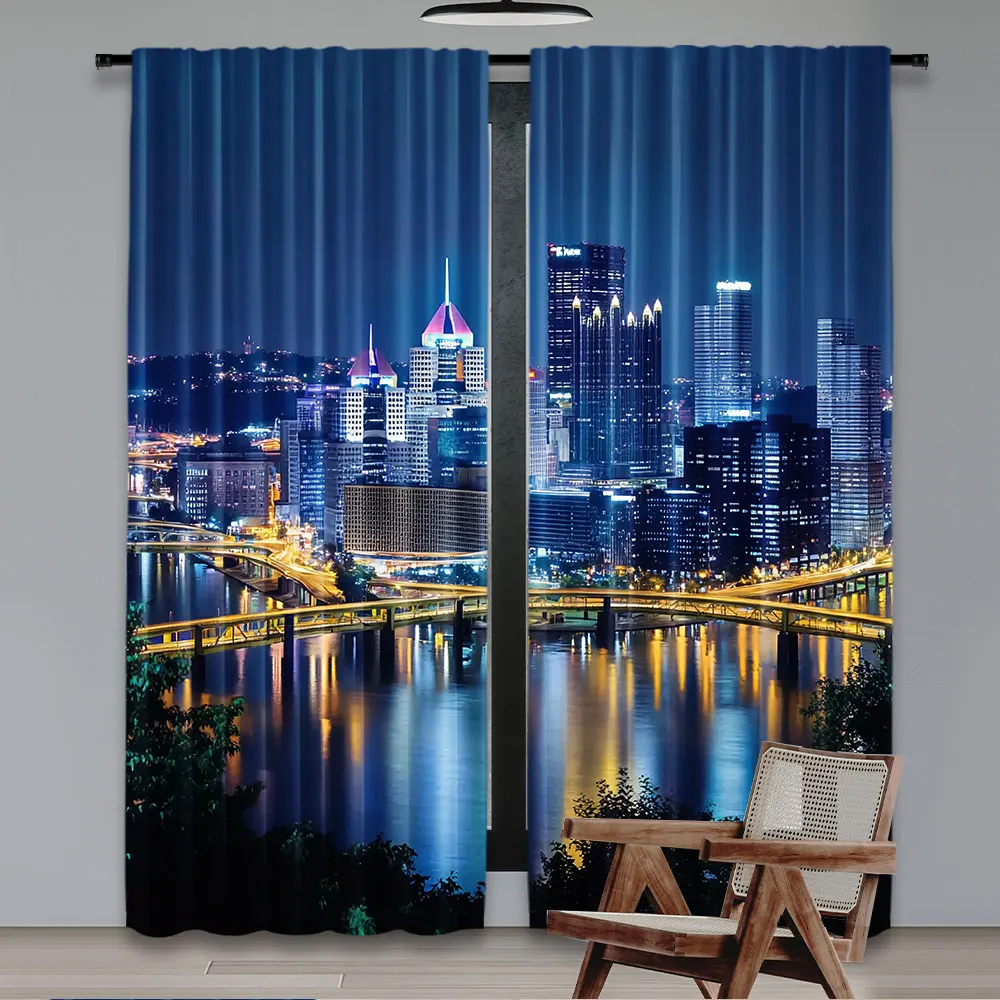 2Pcs Cityscape Curtains Skyscrapers Downtown Pittsburgh American Night Skyline Business Town Scenery Living Room Bedroom Window