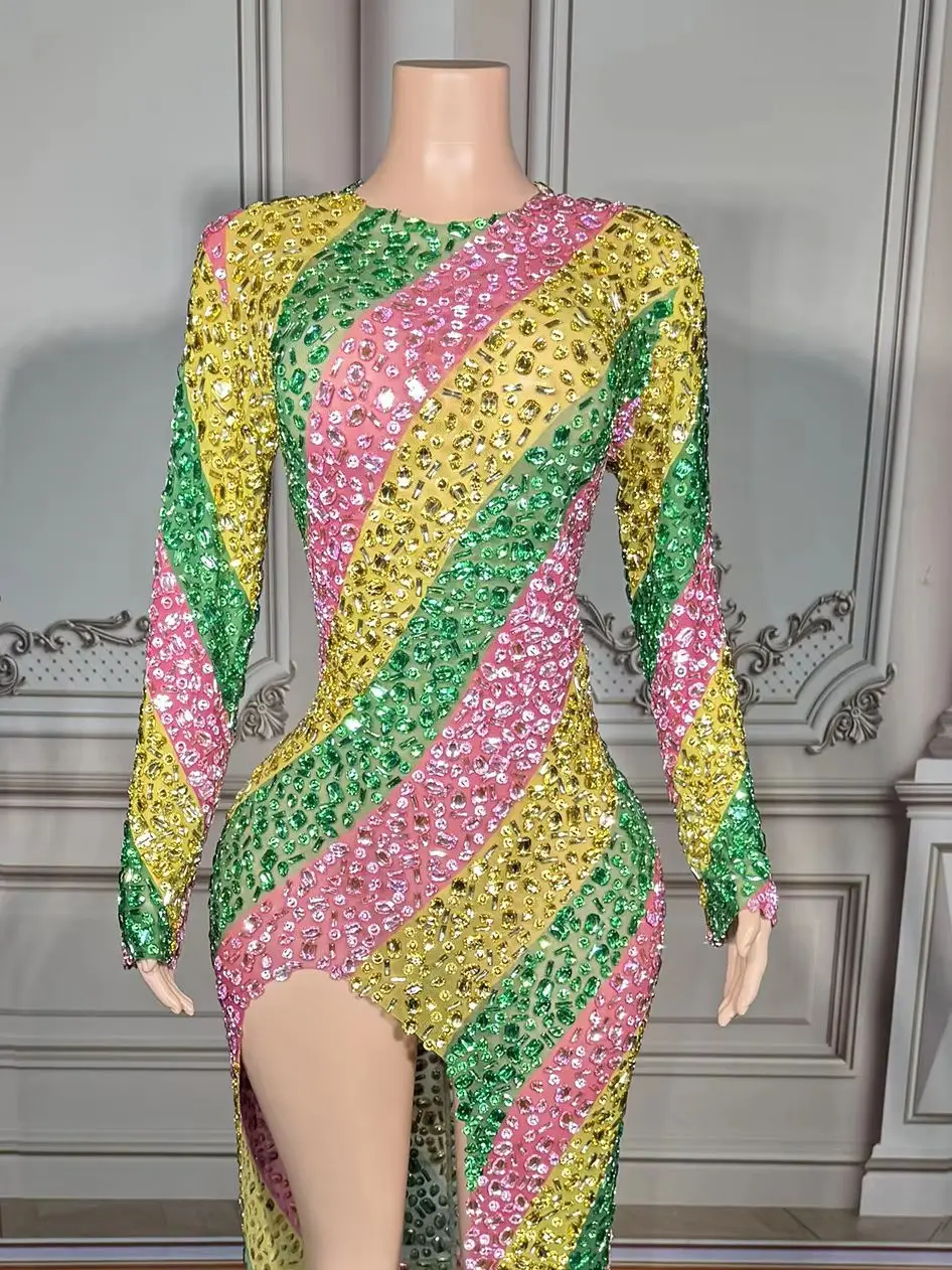 ZD レディース セクシー キラキラ マルチカラー ラインストーン ノースリーブ メッシュ シースルー ショートドレス 誕生日 プロム ダンス 大きいサイズ