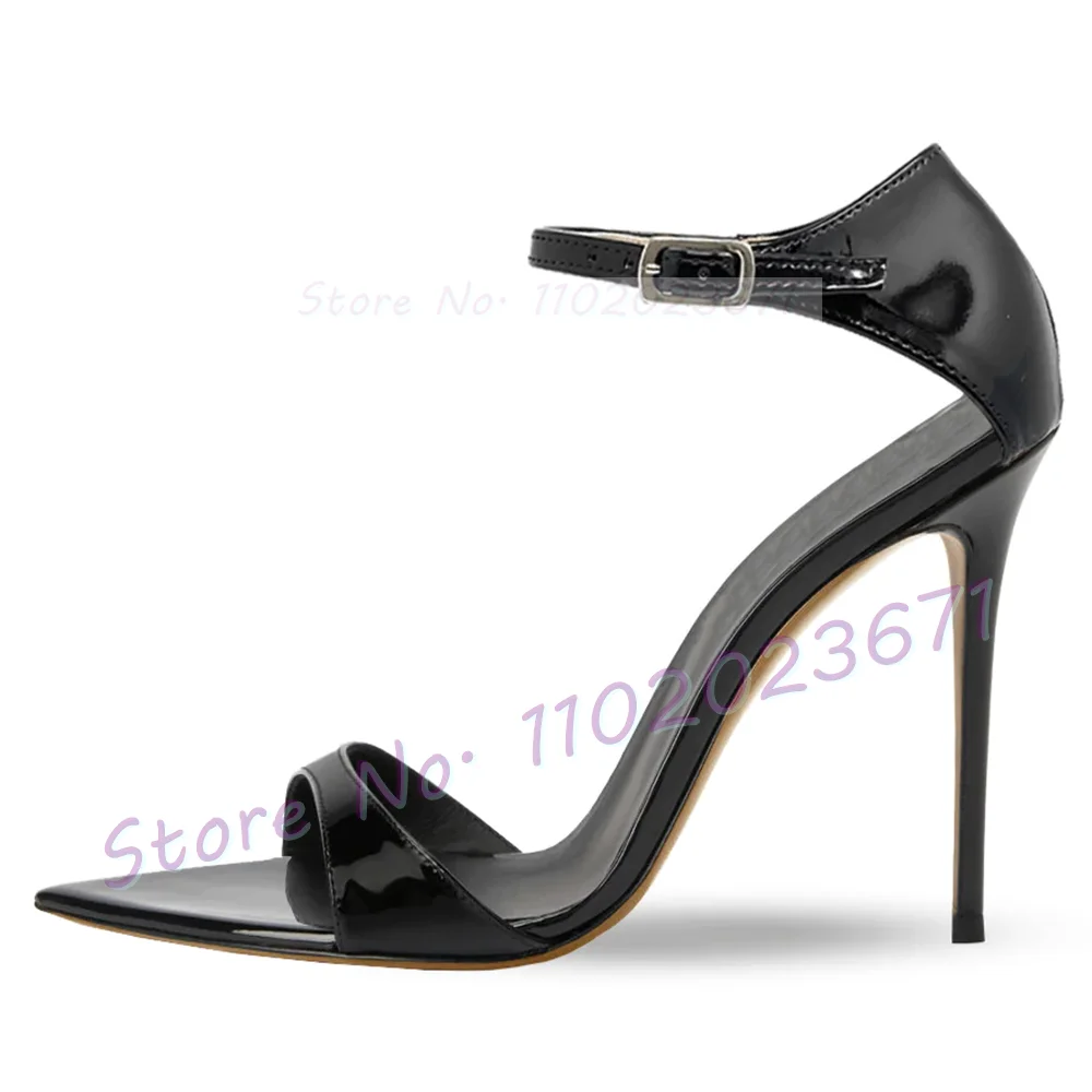 Pointy Toe Front Strap Sandals Women Sexy Black Patent Leather Stiletto Heel Shoes Office Lady Luxury Cover Heel Fashion Sandals