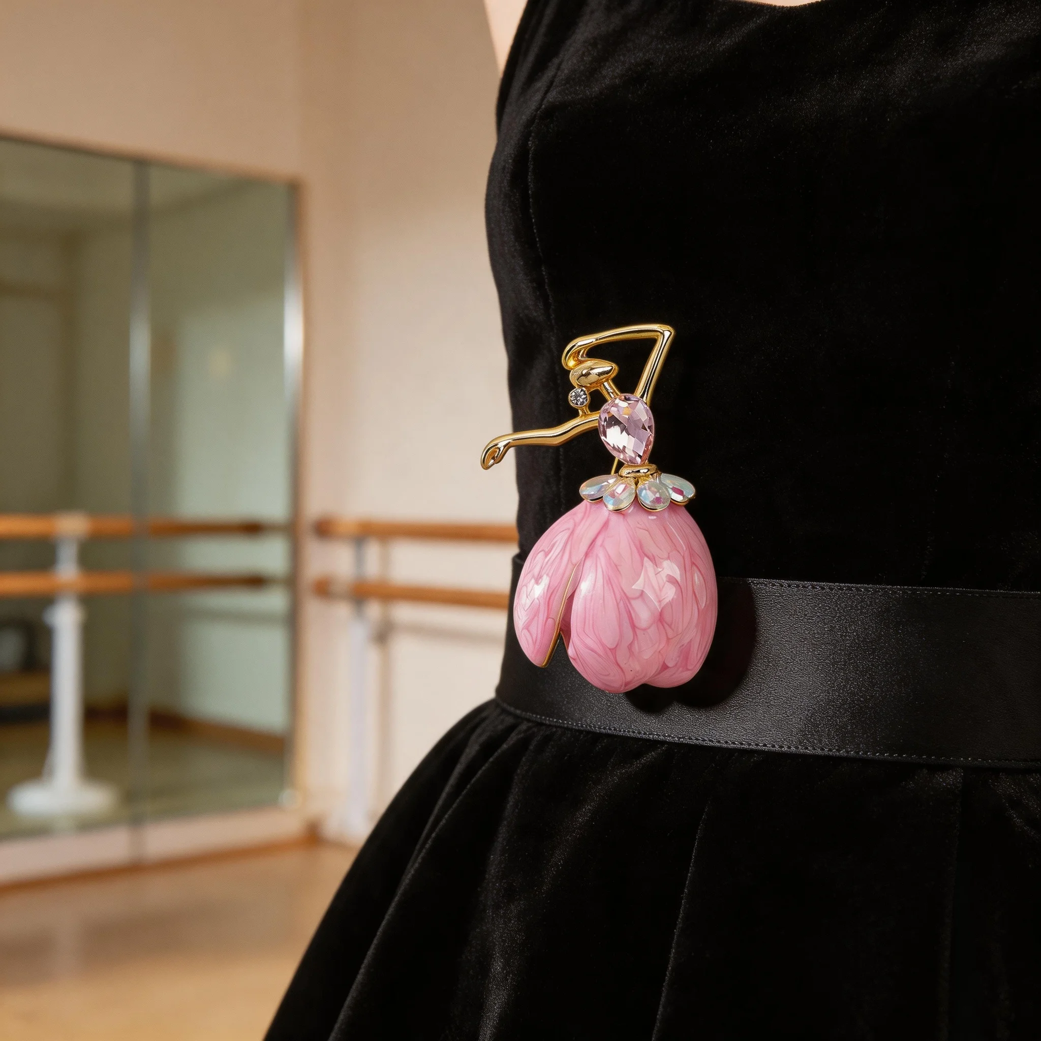 Pink Ballet Dancer Brooch Enamel Crystal Ballerina Pin Statement Jewelry for Women Dress Coat Scarf Accessory Christmas Gift
