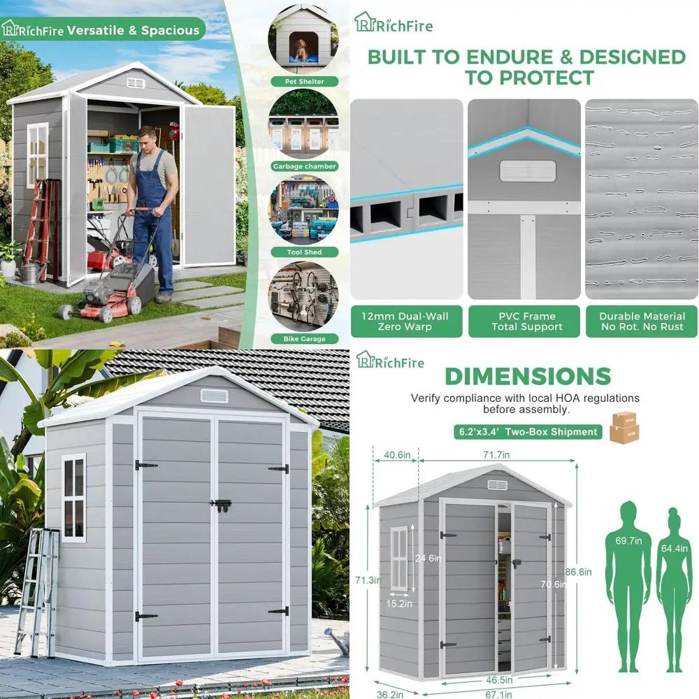 

Всепогодный пластиковый уличный навес размером 6x3 футов с напольной и запирающейся дверью — простая сборка для хранения сада, патио или газона