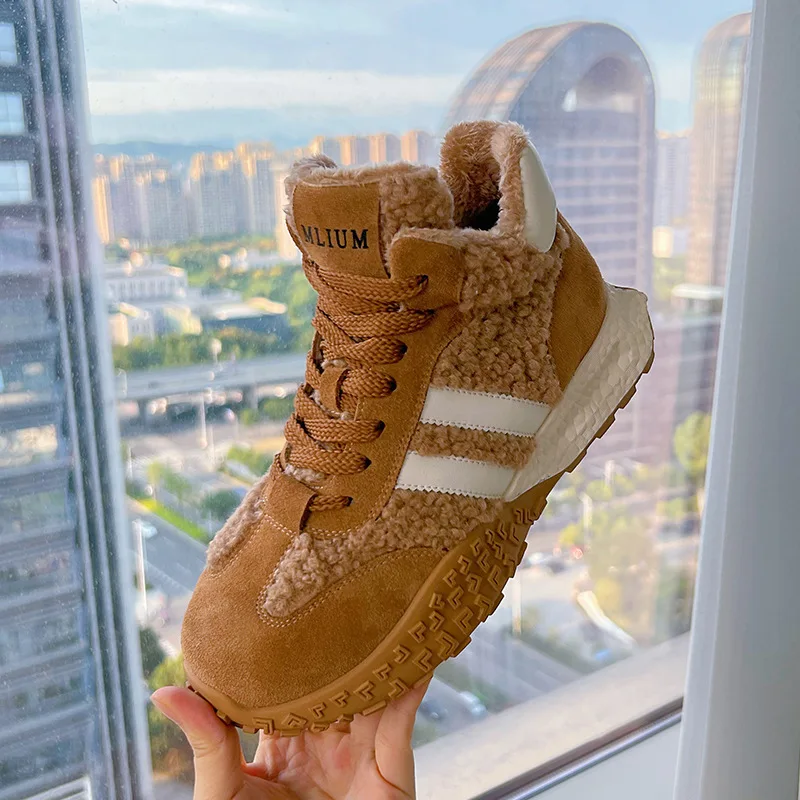 CICIYANG Women High-top German Training Shoes 2024 Winter New Fluff Casual Forrest Gump Boots Genuine Leather Ladies Sneakers