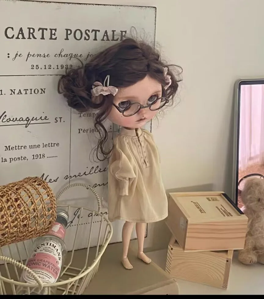 1pcs vintage reto style 2025 Blythe/landoudou Champagne linen one-piece dress (Fit for Lulu,ymy24,Ob22,24,26,zone, Jenny)