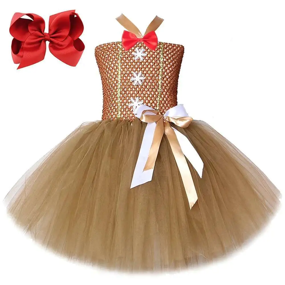 Brown Gingerbread Man Costumes for Girls Christmas Princess Dresses for Kids Xmas Holiday Tutus Outfit Children New Year Clothes