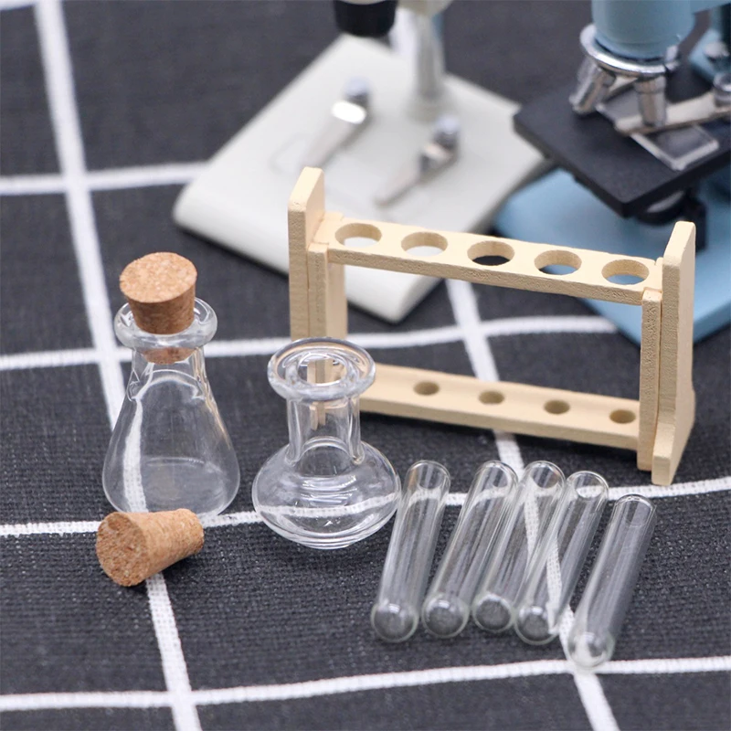 1Set 1:12 Dollhouse Miniature Test Tube Measuring Cup with Rack Laboratory Model Decor Toy Doll House Accessories