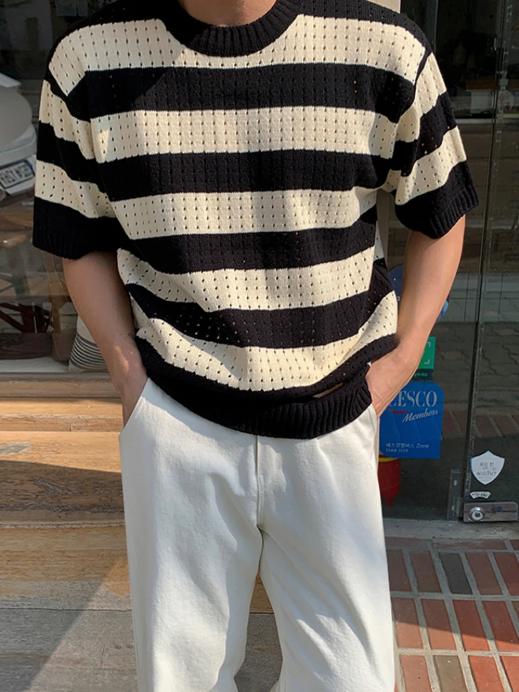 Striped Sweaters Men Hollow Out Fashion Handsome Simple Commuting Style Leisure Korean Pullovers Daily Contrast Color Aesthetic