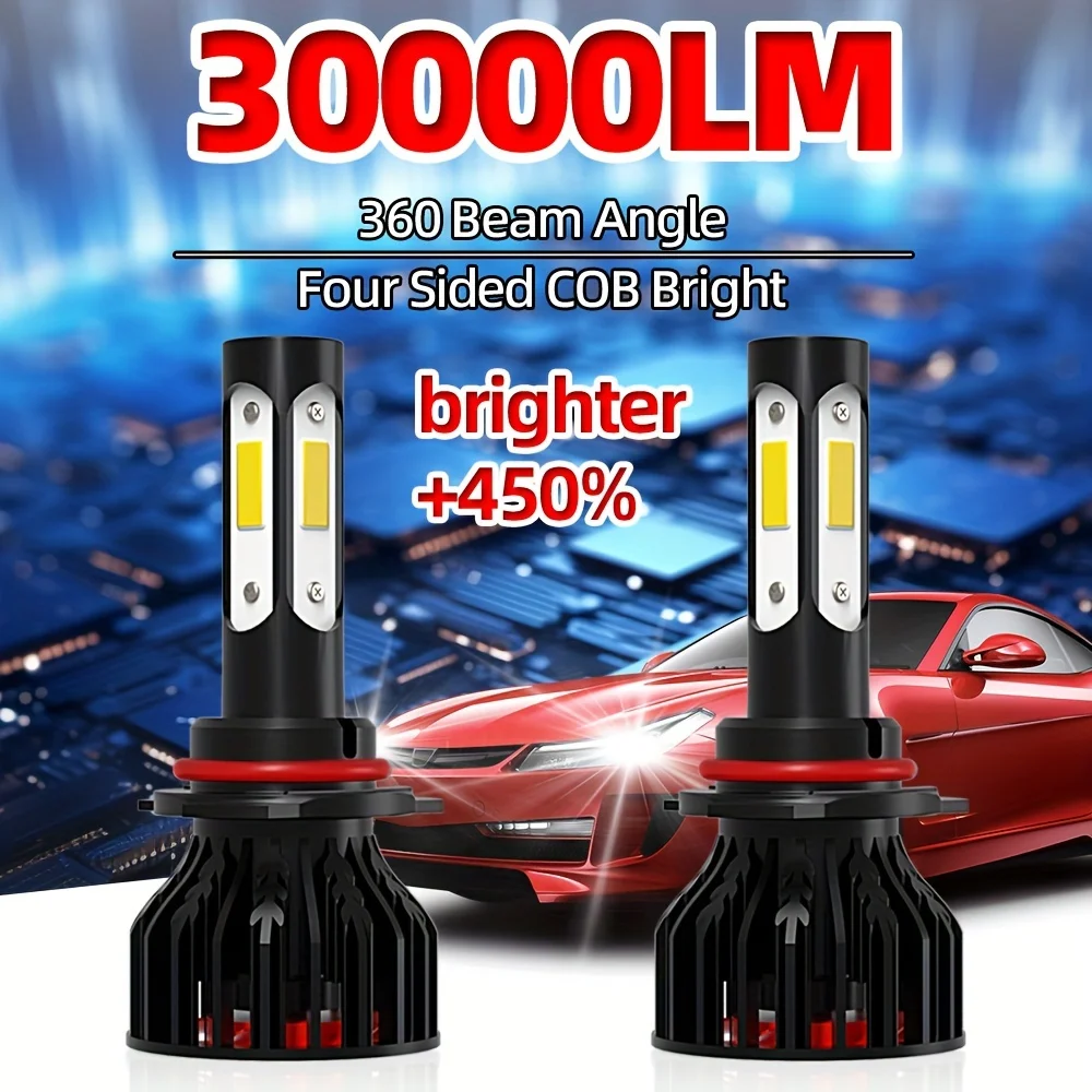 

roadsun 2pcs Newly Bright Lamps 9005/HB3 9006/HB4 H4 H7 H11 H13 9007 9004 Headlights 30000LM 6000K White 4 Side CSP Chips