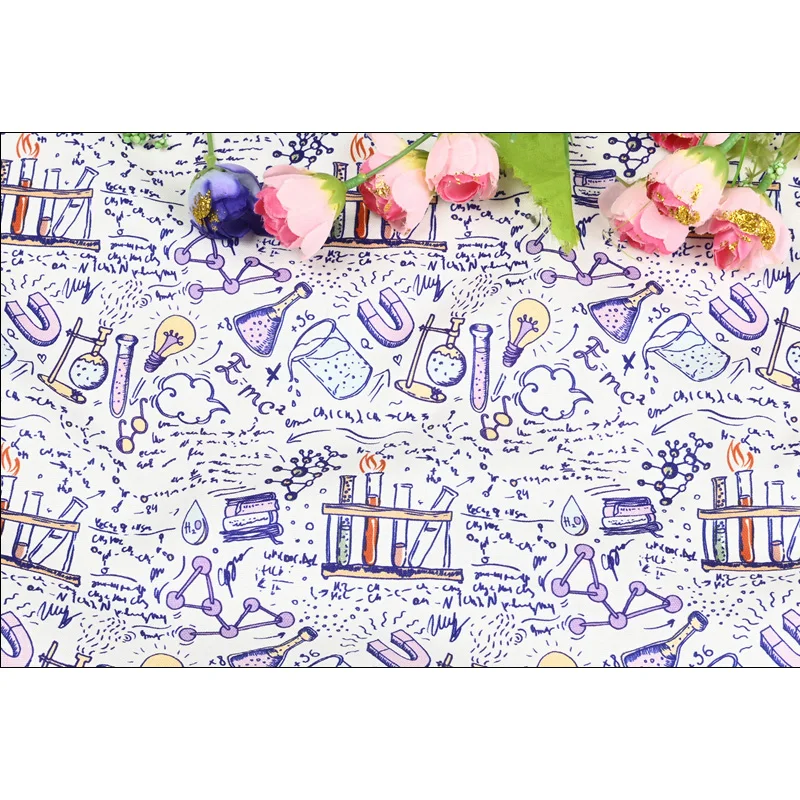 100% Cotton Thin Canvas Fabric with Laboratory Print, DIY Bag, Back Cushion, Table Cloth, CR-1633