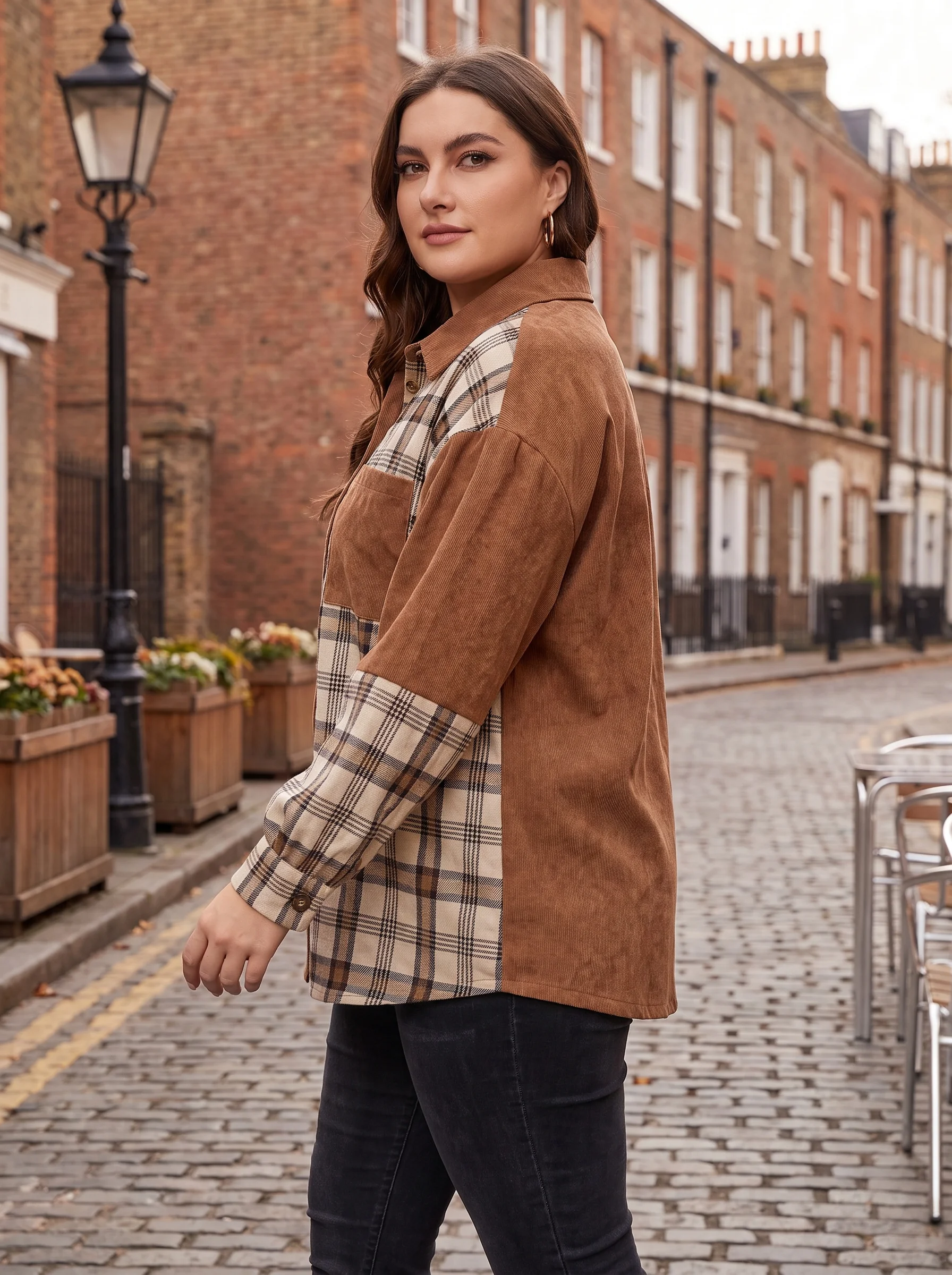 Gadinus Plus Size Women Loose Fit Plaid Patchwork Long Sleeve Shirt Button Front Casual Blouse