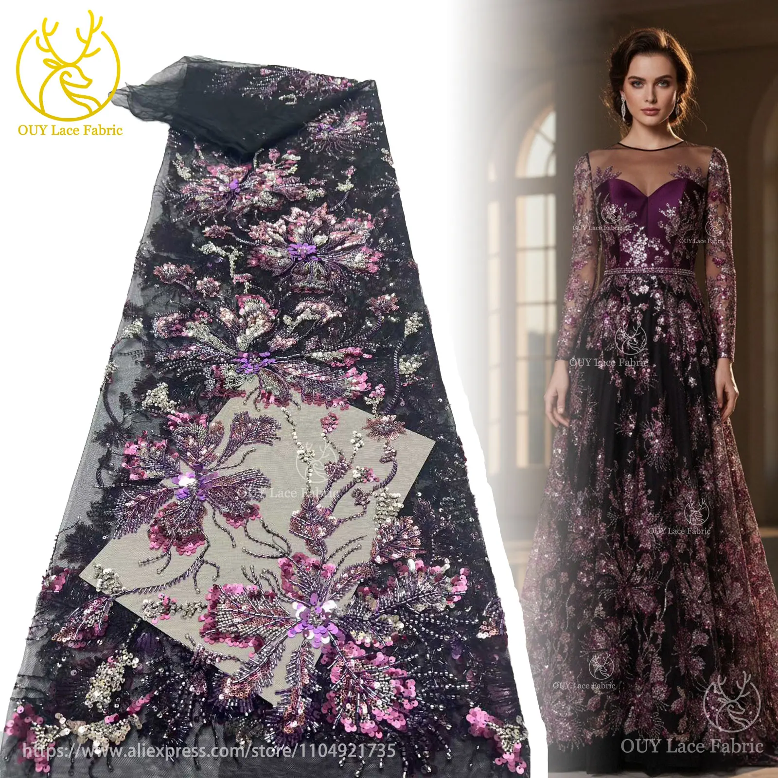 Afrikanischer Netz-Stickerei-Pailletten-Spitzenstoff 2026 Luxuriöser Französischer Tüll Perlenbesetzter Stoff für Damen-Partykleider Nähstoff 5 Yards – Detail 3