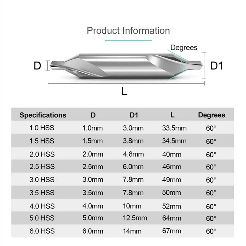 10pcs A1mm-A6.3mm/172/60 °  HSS central drilling metal processing center drilling chamfer positioning CNC mechanical lathe