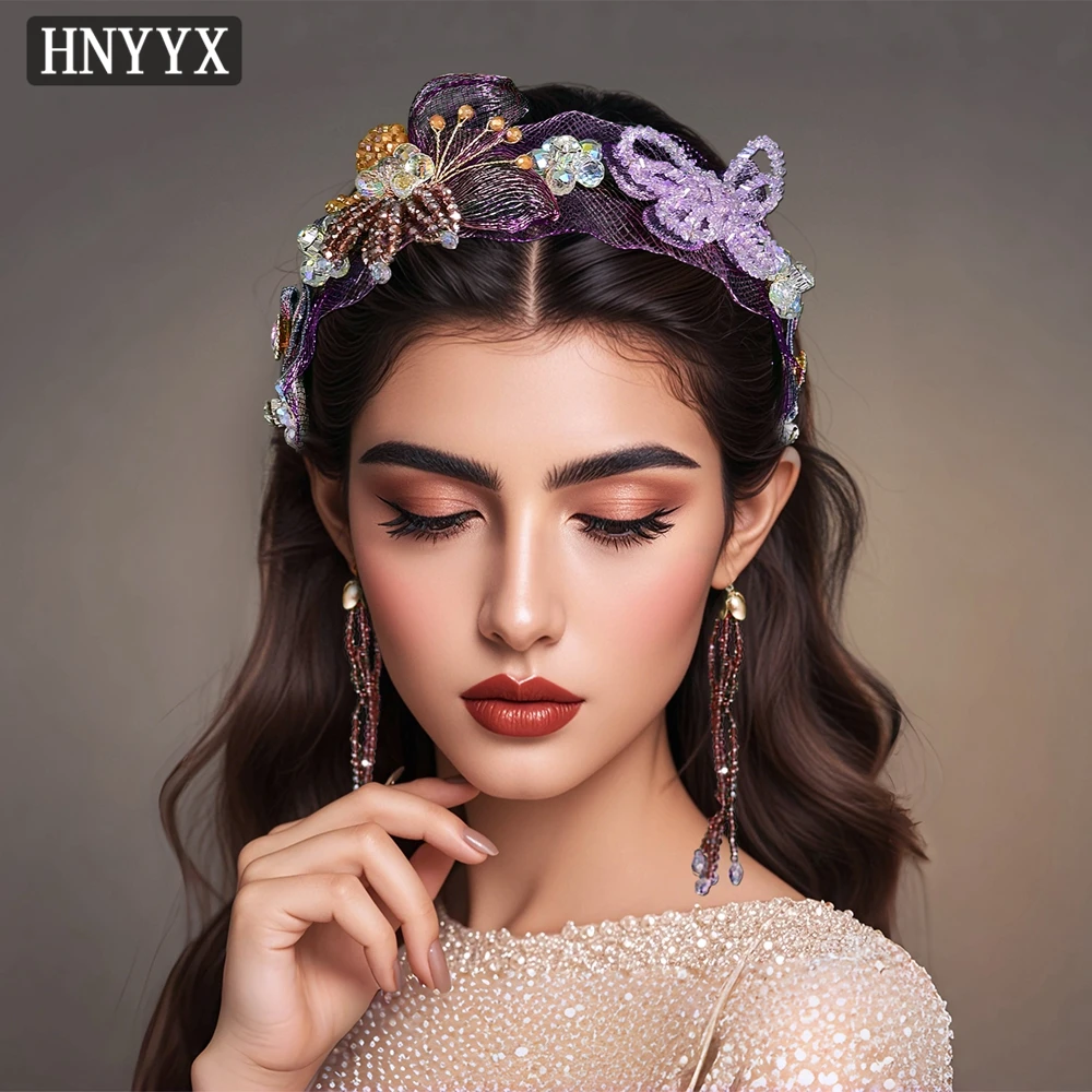 Hnyyx elegante cristal bandana borboleta flor argola de cabelo aba larga malha headpiece jóias de casamento acessórios para o cabelo a336