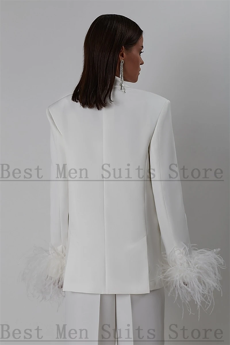 Ostrich Feather Women Suits Set Blazer+Top Bra+Pants 3 Pieces Wedding Tuxedo Prom Dress Formal Office Lady Jacket Custom Made