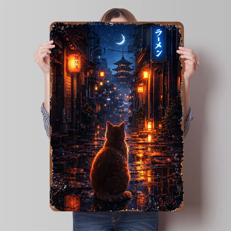 Cat in a Japanese Alley At Night Printing Poster Customized Retro Wall Art Vintage Metal Signs for Mancave Decoration Room House