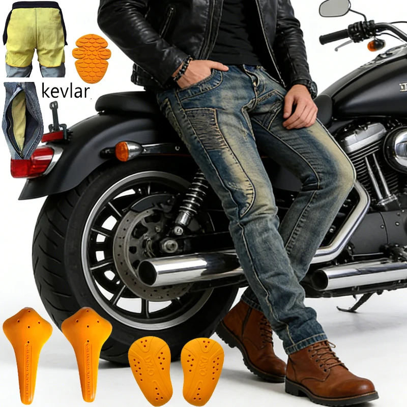 

Мотоджинсы из кевлара для мужчин, усиленные арамидным волокном, защитные брюки для езды, внедорожные, в ретро-стиле, Корея, Япония