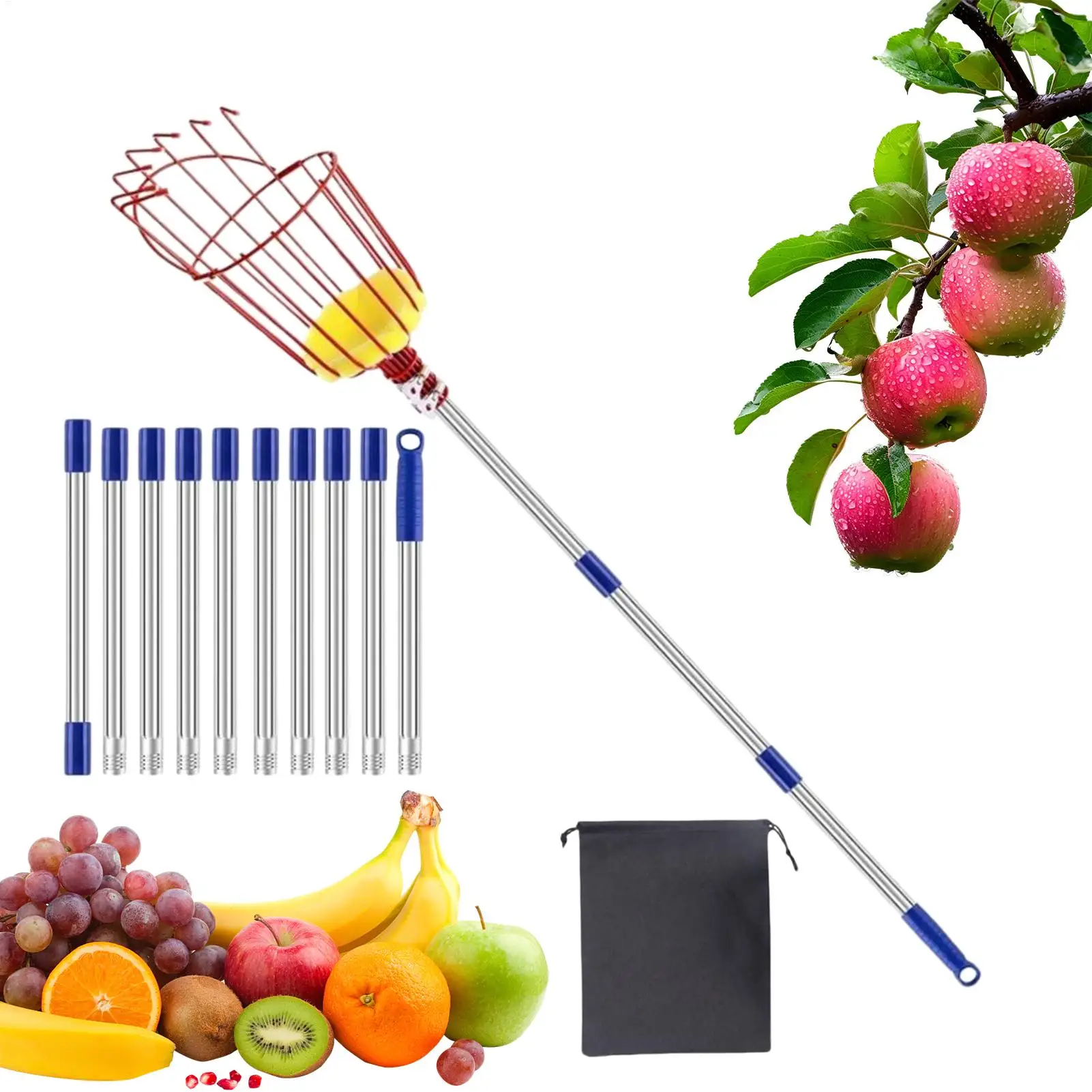 

Сборщик фруктов 13-футовый сборщик манго с выдвижной ручкой и корзиной Профессиональный сборник для персика, груши, авокадо, лимона